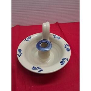 Williamsburg Pottery Candlestick Holder Twisted Handle Blue Floral  2x5 T85